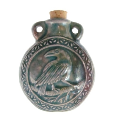 42 x 50mm Raven Handmade Clay Bottle - Blue Green Raku Glaze | Clay Vessel Pendant for Essential Oil or Fragrance