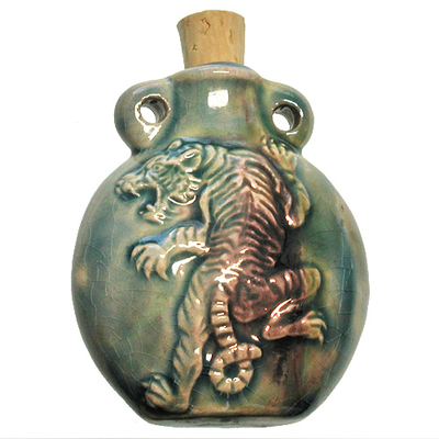 42 x 50mm Tiger Handmade Clay Bottle - Blue Green Raku Glaze | Clay Vessel Pendant for Essential Oil or Fragrance