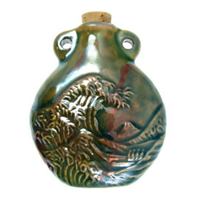 51 x 42mm Great Wave Handmade Clay Bottle - Blue Green Raku Glaze | Clay Vessel Pendant for Essential Oil or Fragrance