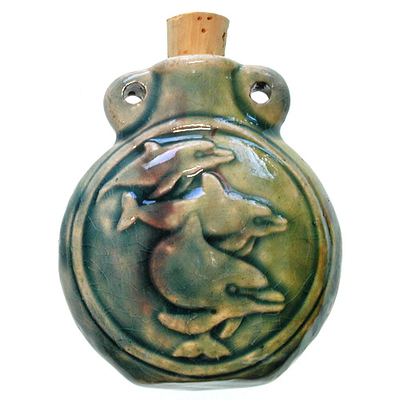 50 x 42mm Dolphin Handmade Clay Bottle - Blue Green Raku Glaze | Clay Vessel Pendant for Essential Oil or Fragrance