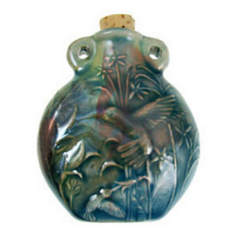 50 x 42mm Hummingbird Handmade Clay Bottle - Blue Green Raku Glaze | Clay Vessel Pendant for Essential Oil or Fragrance
