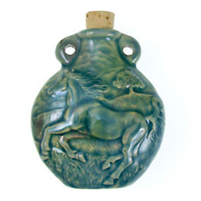 50 x 42mm Running Horse Handmade Clay Bottle - Blue Green Raku Glaze | Clay Vessel Pendant for Essential Oil or Fragrance