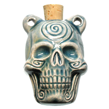 30 x 42mm Sprial Skull Handmade Clay Bottle - Blue Green Raku Glaze | Clay Vessel Pendant for Essential Oil or Fragrance