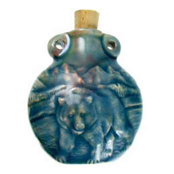 50 x 42mm Bear Handmade Clay Bottle - Blue Green Raku Glaze | Clay Vessel Pendant for Essential Oil or Fragrance