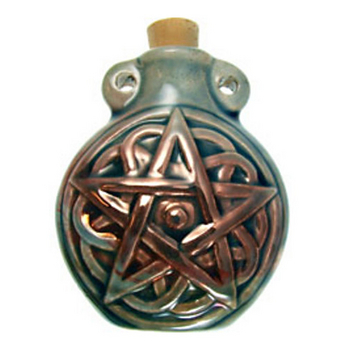50 x 42mm Pentagram Handmade Clay Bottle - Blue Green Raku Glaze | Clay Vessel Pendant for Essential Oil or Fragrance