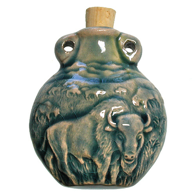 42 x50mm Buffalo Handmade Clay Bottle - Blue Green Raku Glaze | Clay Vessel Pendant for Essential Oil or Fragrance