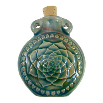 50 x 42mm Lotus Flower Handmade Clay Bottle - Blue Green Raku Glaze | Clay Vessel Pendant for Essential Oil or Fragrance