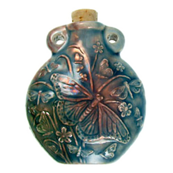 49 x 41mm Butterfly Garden Handmade Clay Bottle - Blue Green Raku Glaze | Clay Vessel Pendant for Essential Oil or Fragrance
