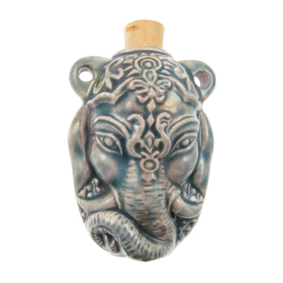 35 x 47mm Sitting Ganesh Handmade Clay Bottle - Blue Green Raku Glaze | Clay Vessel Pendant for Essential Oil or Fragrance