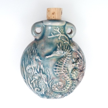 42 x 50mm Seahorse Handmade Clay Bottle - Blue Green Raku Glaze | Clay Vessel Pendant for Essential Oil or Fragrance