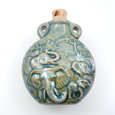 43 x 50mm Elephant Handmade Clay Bottle - Blue Green Raku Glaze | Clay Vessel Pendant for Essential Oil or Fragrance