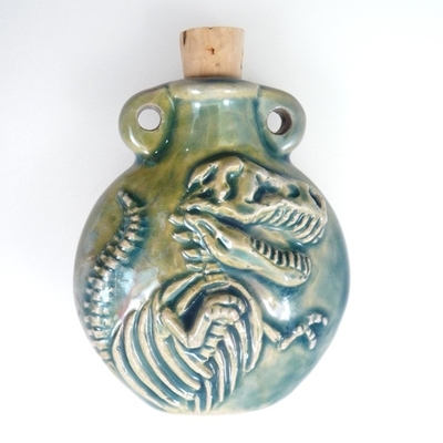 42 x 50mm T-rex Dinosaur Handmade Clay Bottle - Blue Green Raku Glaze | Clay Vessel Pendant for Essential Oil or Fragrance