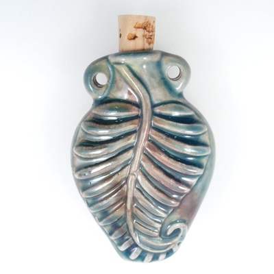 39 x 58mm Fern Leaf Handmade Clay Bottle - Blue Green Raku Glaze | Clay Vessel Pendant for Essential Oil or Fragrance