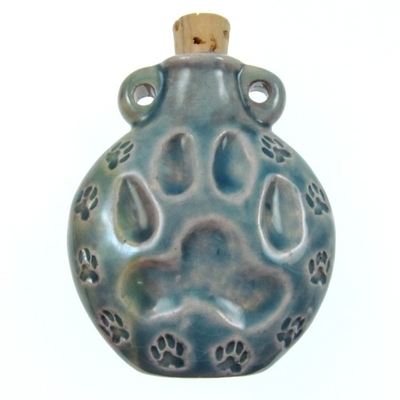 40 x 55mm Dog Paw Handmade Clay Bottle - Blue Green Raku Glaze | Clay Vessel Pendant for Essential Oil or Fragrance