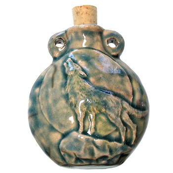 50 x 42mm Howling Wolf Handmade Clay Bottle - Blue Green Raku Glaze | Clay Vessel Pendant for Essential Oil or Fragrance