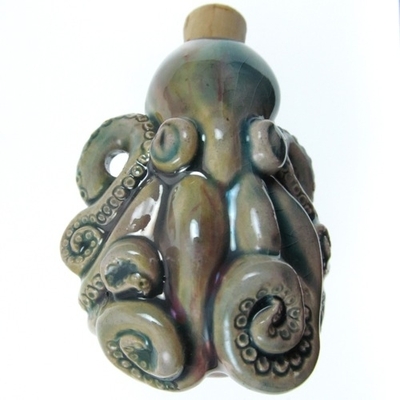 37 x 47mm Octopus Handmade Clay Bottle - Blue Green Raku Glaze | Clay Vessel Pendant for Essential Oil or Fragrance