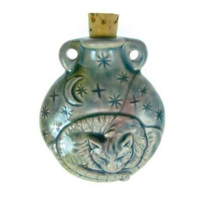 42 x 50mm Cat Handmade Clay Bottle - Blue Green Raku Glaze | Clay Vessel Pendant for Essential Oil or Fragrance