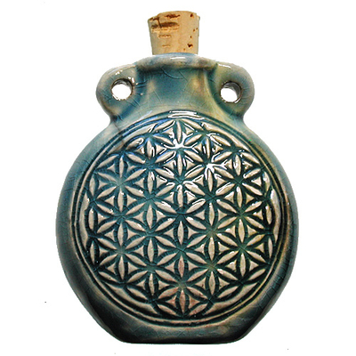 42 x 50mm Flower of Life Handmade Clay Bottle - Blue Green Raku Glaze | Clay Vessel Pendant for Essential Oil or Fragrance