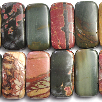 10 x 20mm Matte Red Creek Jasper Double Drill Rectangle Stone Bead - Mixed Earth Tone Colors | Natural Semiprecious Gemstone