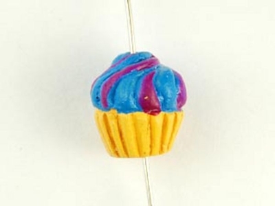 11 x 10mm Tan Cupcake with Blue and Purple Swirl Hand-painted Clay Bead | Natural Beads