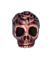 Image Metal Beads 10mm skull with rose antique copper lead free pewter