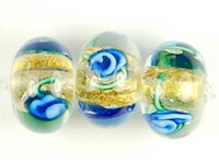 Image Czech Handmade Lampwork rondell 12 x 8mm gold foil with blue flowers