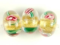 Image Czech Handmade Lampwork rondell 12 x 8mm gold foil with pink flowers