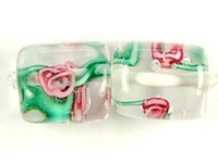 Image Czech Handmade Lampwork square 10 x 10mm clear with pink flowers