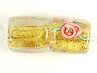 Image Czech Handmade Lampwork square 10 x 10mm gold foil with pink flowers